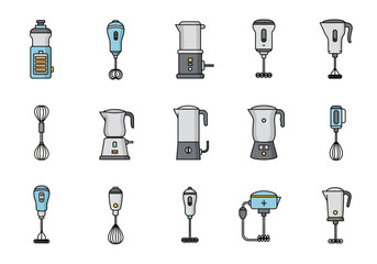 Fifteen kitchen appliances are illustrated including milk frothers and immersion blenders