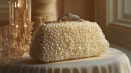 Elegant pearl-covered clutch purse a silver handle and ornate clasp evening bag fashion