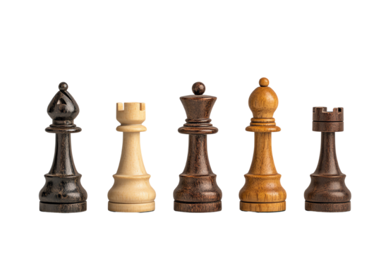 A collection of five distinct chess pieces displayed on a white isolated background, symbolizing strategy and competition.