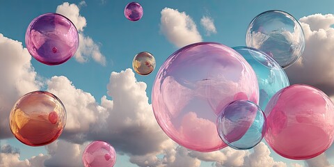 Colorful soap bubbles float in a cloudy sky