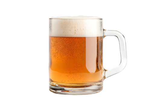 A frothy mug of beer filled with amber liquid, perfect for casual gatherings and celebrations.