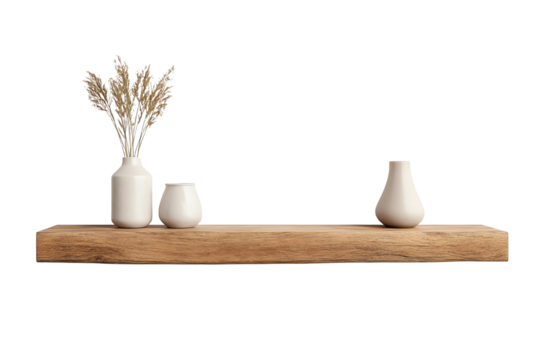 A minimalist wooden shelf displaying white vases and dried flowers, isolated on a white background.