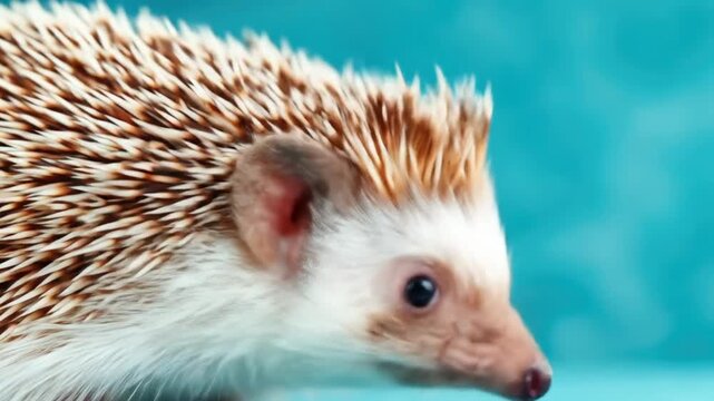 Close-up of a hedgehog with intricate spines against a teal backdrop.