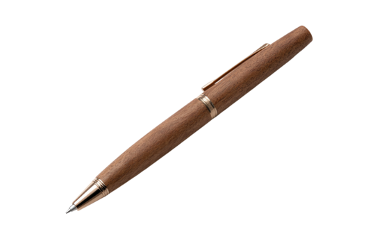 A sleek wooden pen with a metallic clip, elegantly positioned against a white background, ideal for stationery and office themes.