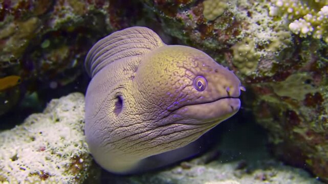 Moray eel exploring coral reef habitat
