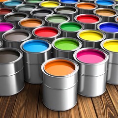 Colorful paint cans arranged on a wooden surface