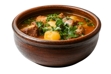 A warm bowl of hearty beef stew with potatoes and fresh parsley, perfect for a comforting meal.
