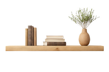 A wooden shelf displaying books and a decorative vase with flowers, perfect for home decor inspiration.