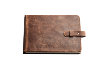 Brown leather notebook isolated on a white background, ideal for organizing ideas, meetings, and notes.