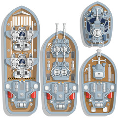 A set of warships. Set for the game. View from above. Isolated on white background. Vector illustration.