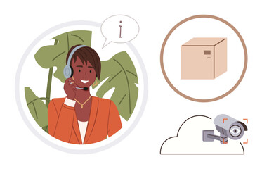 Support agent providing help via headset, cardboard box symbolizing logistics, and a cloud-connected security camera. Ideal for customer service, logistics, security, cloud services, communication