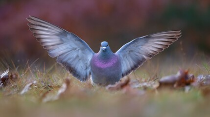 Obraz premium A full-bodied grey pigeon with a purple and pink head, wings spread wide, standing on a lush grassy field, showcasing its detailed feathers and vibrant head colors in a natural outdoor setting.