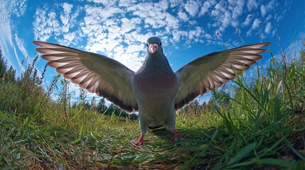 Obraz premium A full-bodied grey pigeon with a purple and pink head, wings spread wide, standing on a lush grassy field, showcasing its detailed feathers and vibrant head colors in a natural outdoor setting.