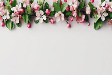 Delicate pink blossoms and green leaves arranged in a horizontal row on a light gray background