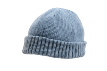 Cozy blue knit beanie showcasing warmth and style against an isolated white background.