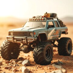 Obraz premium Adventurous teal monster truck conquers rugged desert terrain under warm golden sunlight, ready for off-road exploration and extreme challenges.