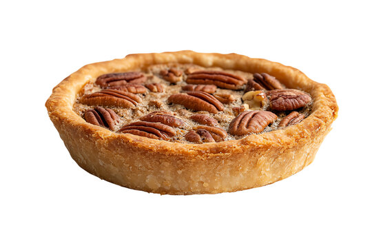 Delicious pecan pie on a white isolated background, showcasing a golden crust and pecan topping.