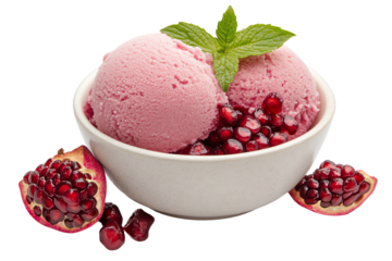 Delicious pomegranate ice cream served in a bowl, garnished with fresh mint leaves and surrounded by pomegranate seeds.