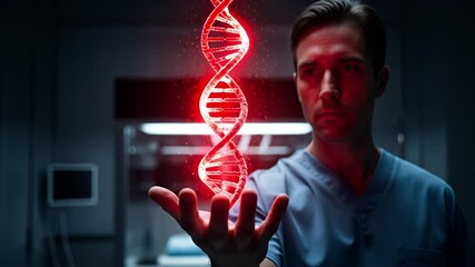 Medical professional in a laboratory setting interacts with a glowing representation of the human genetic blueprint, exploring cutting-edge biotechnology - Powered by Adobe
