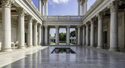 Fototapeta premium Majestic classical architecture featuring a grand courtyard with white marble Corinthian columns, a serene reflecting pool, and lush green gardens under a clear blue sky.