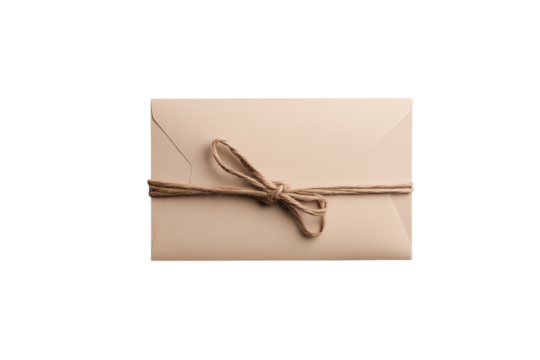 Elegant envelope tied with string, perfect for invitations or gifts, on a white isolated background.