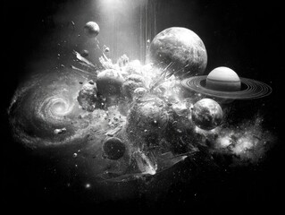 Shattered cosmos, grayscale, planets colliding in a dark void