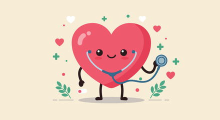 Adorable Cartoon Heart Character with Stethoscope.