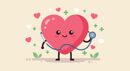 Cute Cartoon Heart Character Holding Stethoscope.