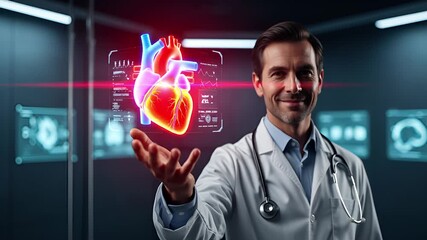 A professional doctor presents a glowing holographic human heart, demonstrating advanced medical technology and innovative cardiology in a futuristic healthcare setting for diagnostic insights - Powered by Adobe