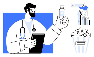 Doctor with stethoscope and tablet examining medicine vial, supported by analytics, growth trends, popcorn creativity. Ideal for healthcare innovation, analysis, research, science, medicine