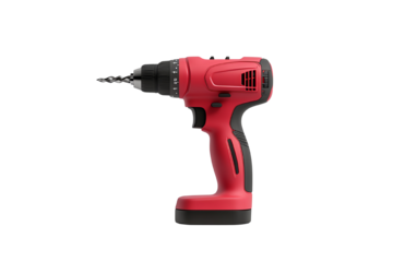 Red cordless drill on a white isolated background, ideal for construction or DIY projects.