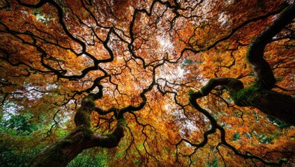 Autumnal canopy of gnarled maple branches