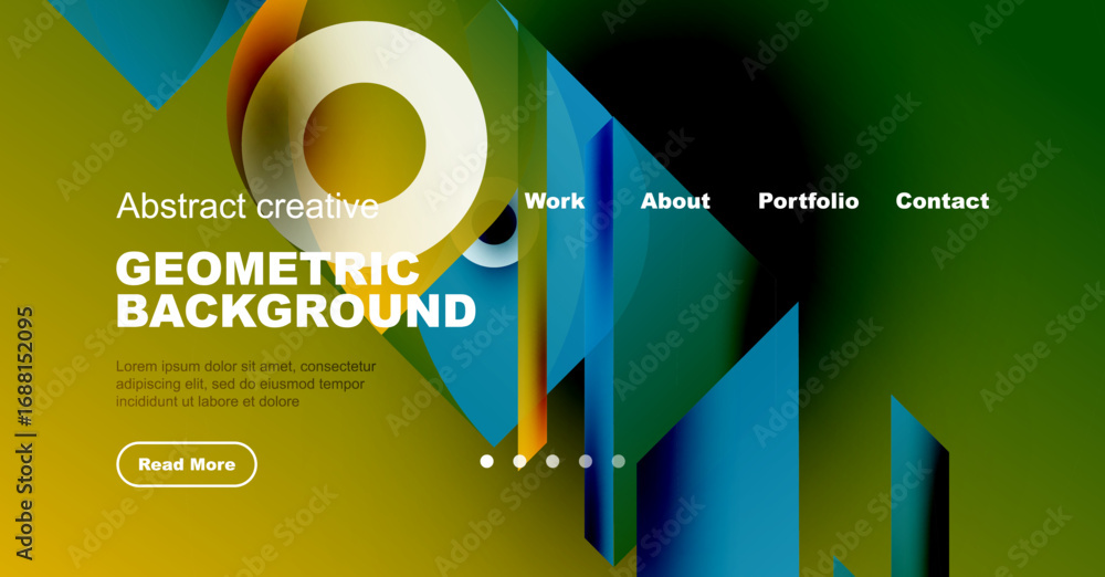 Poster modern website mockup displays geometric design. text elements include title, description, button. c