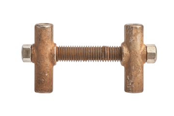 Rusty metal coupling with threaded rod and nuts, isolated on a white background.