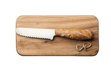 Serrated knife on a wooden cutting board, ideal for food preparation and culinary tasks.