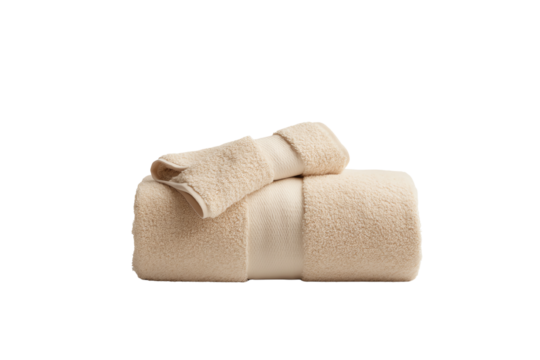 Soft cream-colored towels stacked neatly, perfect for a spa or home bathroom setting.