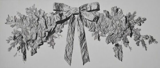 Detailed, intricate drawing of a stylized wreath or garland, featuring a large bow at its center.  