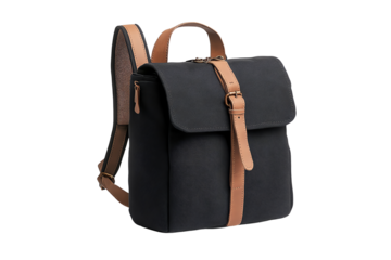 Stylish black backpack with leather straps, ideal for daily use or travel, against a white isolated background.