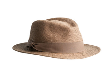 Stylish brown straw hat with a ribbon detail, perfect for summer outings and beach days, isolated on a white background.