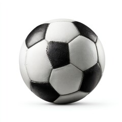 A black and white soccer ball sits centrally on a plain white background