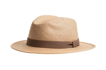 Stylish straw hat with a brown ribbon, perfect for sunny days, vacations, and outdoor activities, on a white isolated background.