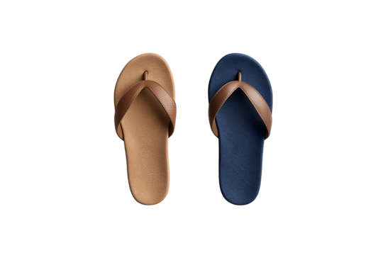 Stylish pair of flip-flops in brown and navy blue, isolated on a white background.