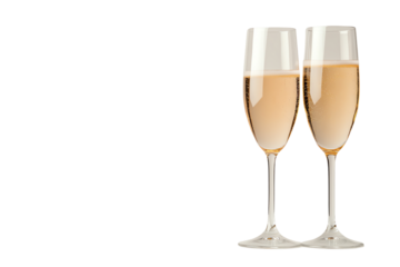 Two elegant champagne glasses filled with bubbly golden drink, perfect for celebrations or festive occasions.