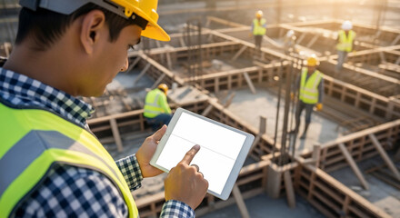 Construction worker using tablet at building foundation site