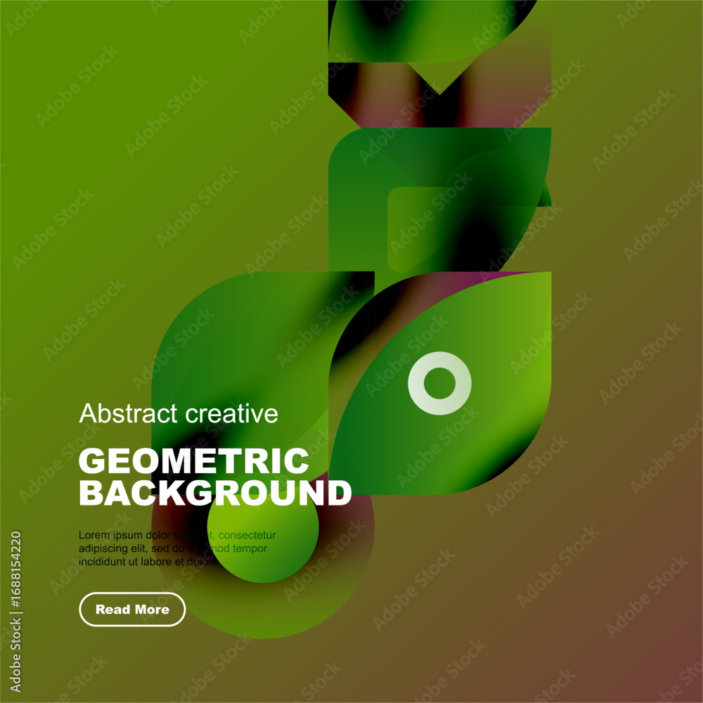 Poster abstract green design features overlapping geometric shapes. text promotes creative background with 