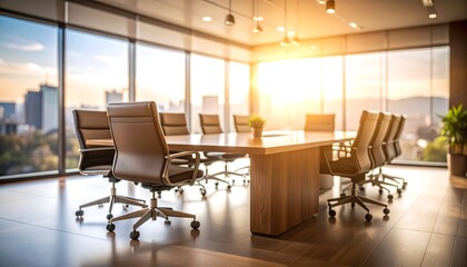 Conference Room with Large Window and City View at Sunset