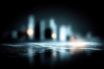 Abstract digital cityscape.  Dark background with glowing,  wave-like,  digital network over blurred city lights