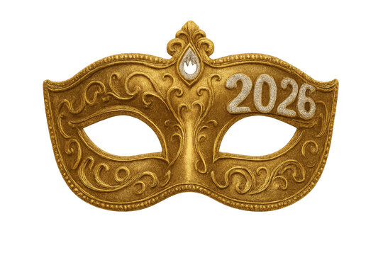 Golden venetian mask celebrating new year's eve 2026 on transparent background