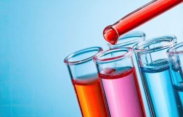 Red liquid drips from pipette into test tubes filled with colorful liquids
