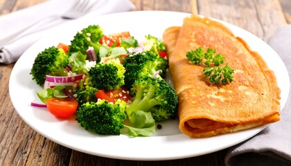 A plate of breakfast with omelet and broccoli salad
